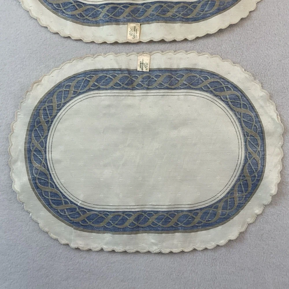 Lenox Hamilton Oval Placemats Cloth Set Of 2 Ivory Gold Navy Blue Vintage Lot #3